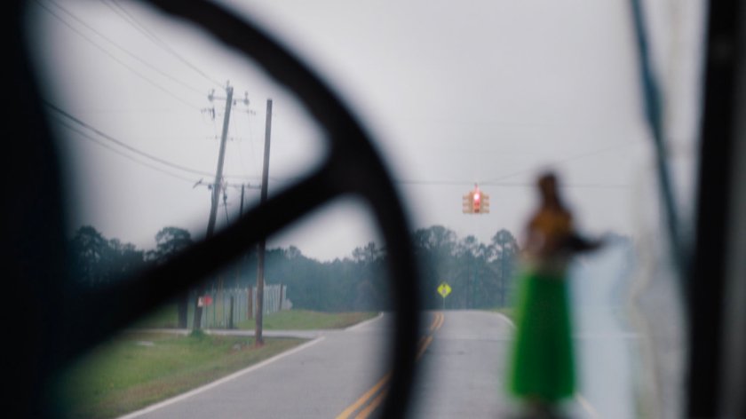 POV of red signal from inside ice cream truck.