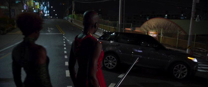 Nakia and Okoye watching a vehicle pull up in front of them.