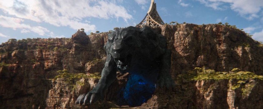 Close up of giant panther figure on the side of Mount Bashenga.