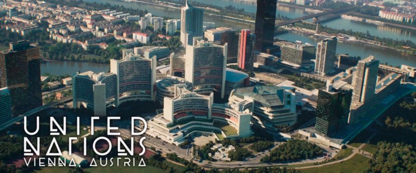 Aerial image of United Nation complex. Text: United Nations Vienna Austria.