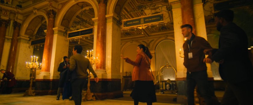 Patrons in the lobby of a Russian hotel.