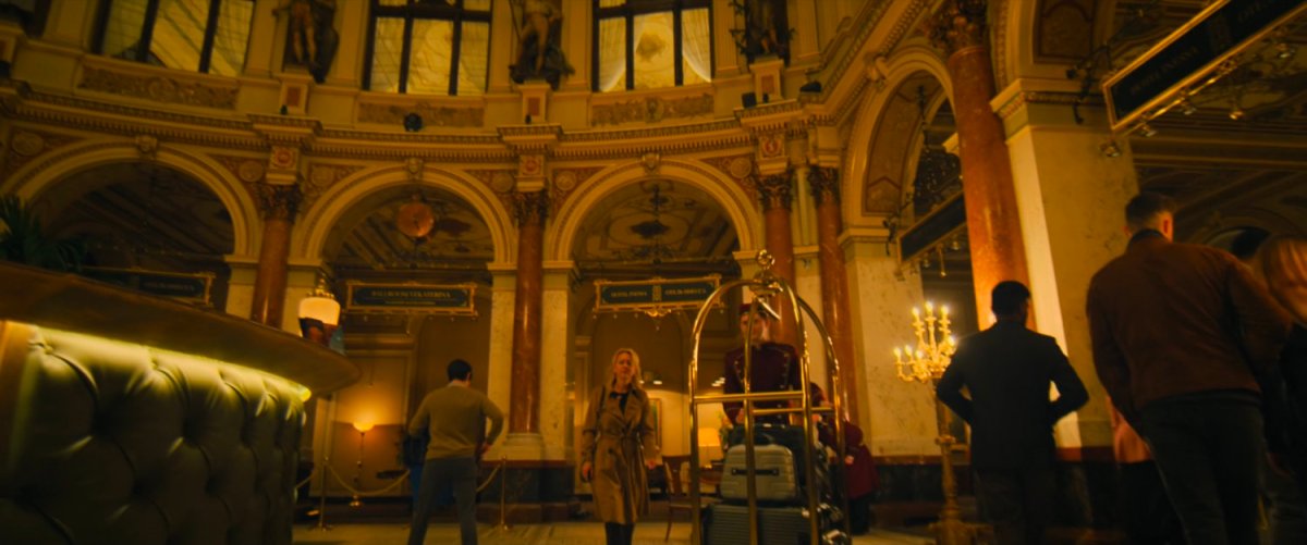 Patrons in the lobby of a Russian hotel.