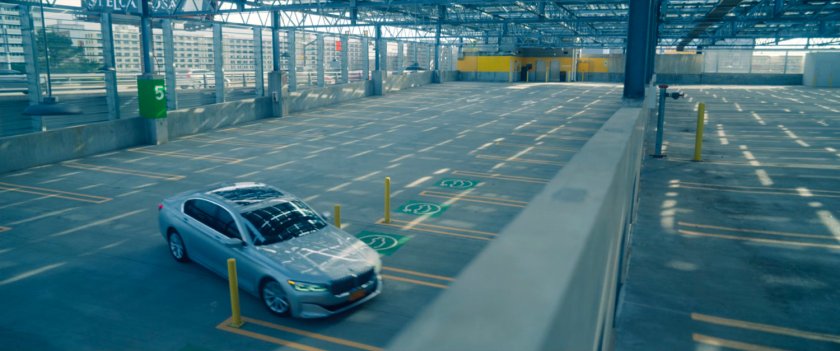 Car in futuristic parking garage.