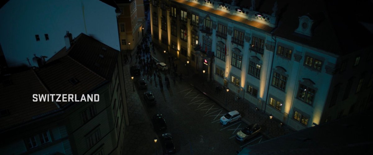 High angle view of Swiss bank. Text: Switzerland.