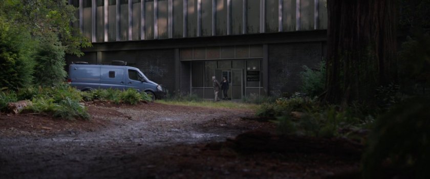 Scott's van in the redwoods next to full size Pym building.