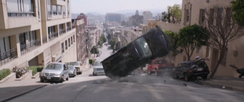SUV tumbles down hilly San Francisco street.
