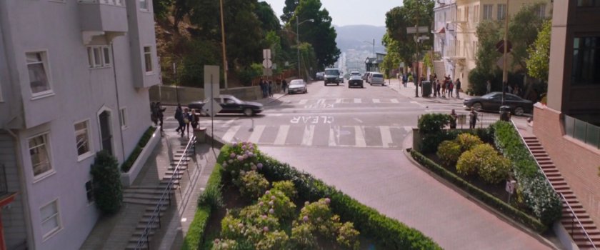 Aerial view of van heading towards Lombard Street.