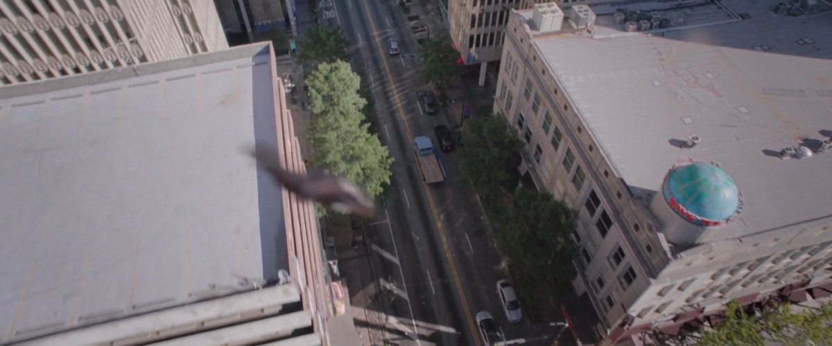 Aerial view of flatbed truck on a San Francisco street.