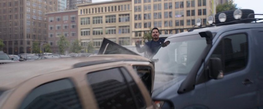 Luis jumps out of crashed van.