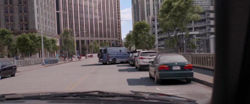 POV from SUV looking towards crashed van.