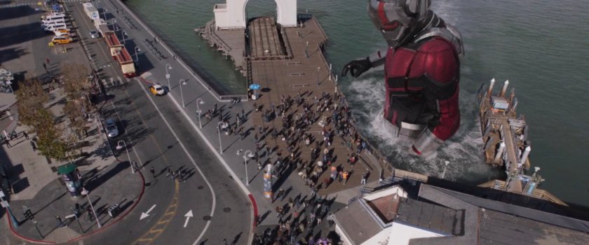 Aerial view of Giant-Man in the water by the Embarcadero pier.