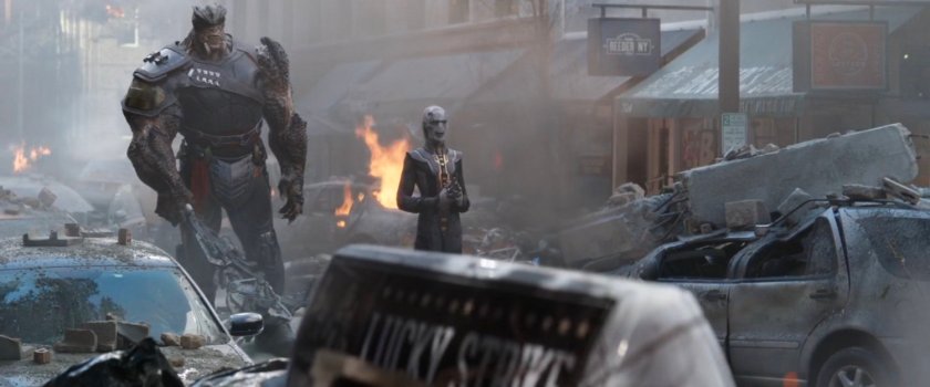 Cull Obsidian and Ebony Maw on a debris filled New York street.