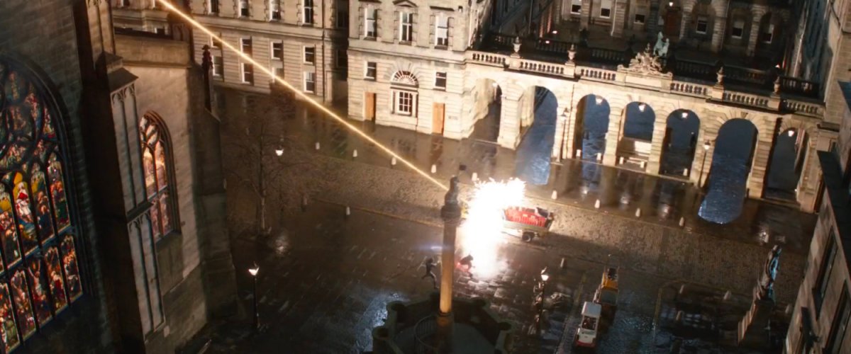 High angle view of a laser blast striking the center of the Cathedral square.