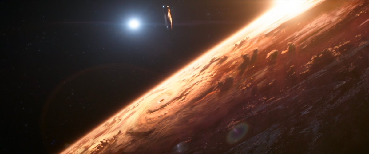 Part of a brown planet as seen from space.