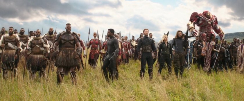 Members of the Avengers and the Wakandan tribes gather on a grassy plain.