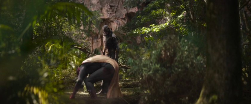 Vision kneeling before Corvus Glaive in a forest.