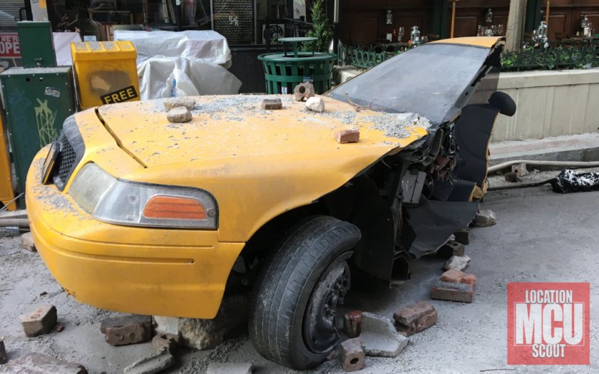 Exclusive behind the scenes photo of filming location of devastated street.