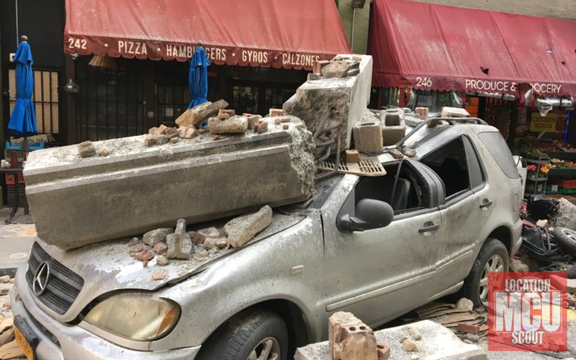 Exclusive behind the scenes photo of filming location of devastated street.