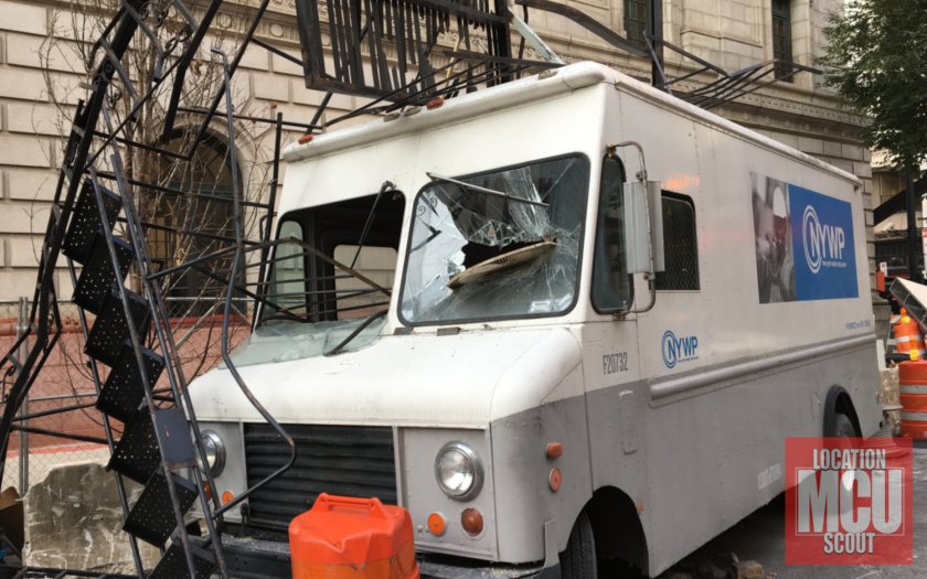 Exclusive behind the scenes photo of filming location of devastated street.