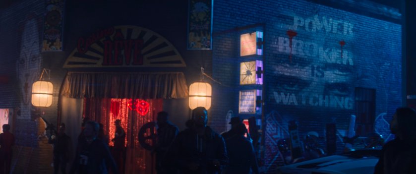 Exterior of club and graffiti in ow-town in Madripoor.