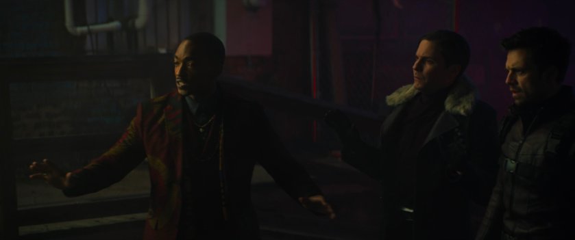 Sam, Bucky and Zemo in small, dark alley in Madripoor.