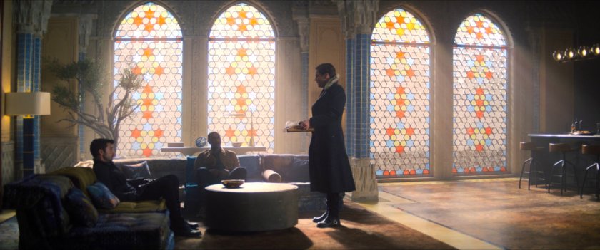 Bucky, Sam and Zemo inside an apartment in Riga.