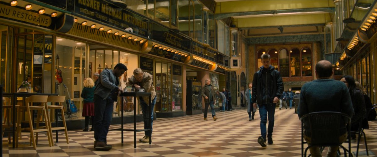 Inside a Latvian mall and restaurant area.