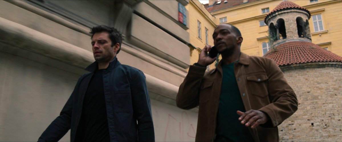 Sam and Bucky on a Latvian street.