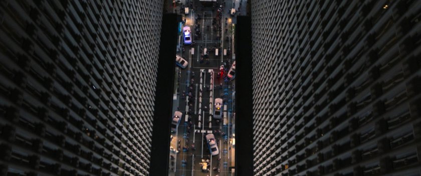Aerial view of plaza between high rise building in front of GRC Headquarters.