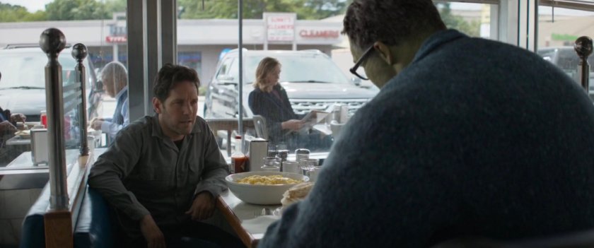 Scott Lang and Smart Hulk in a small diner.