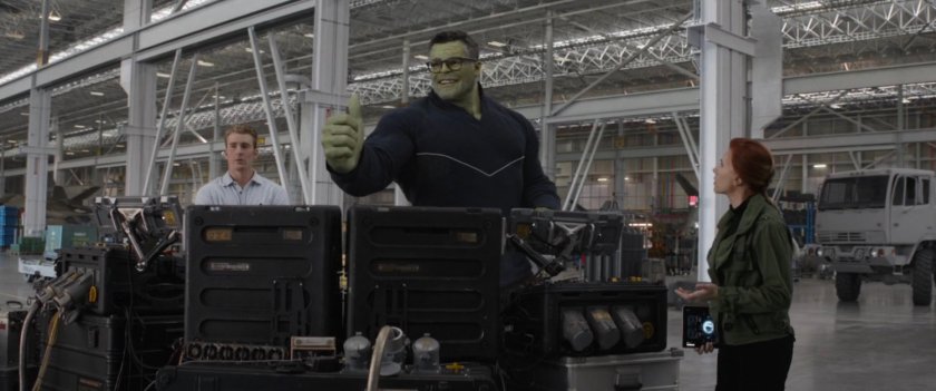Interior of Avengers Facility warehouse with Smart Hulk.