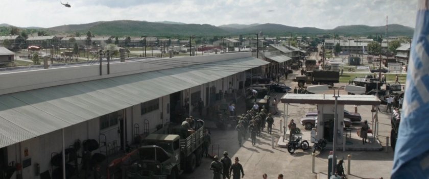 High angle view of Camp Lehigh with many soldiers and army vehicles.