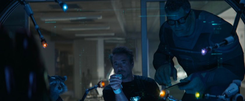 Interior of Avengers Facility living quarters with Tony and Smart Hulk.