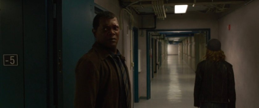 Nick Fury and Vers in the underground records area of Project Pegasus.