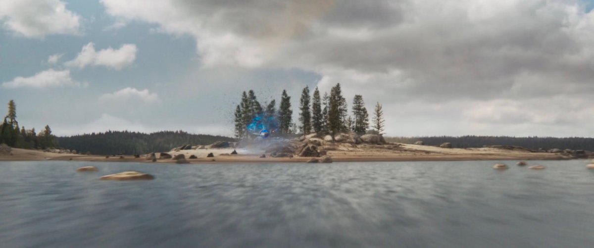 Asis plane crashing into small island in middle of lake.