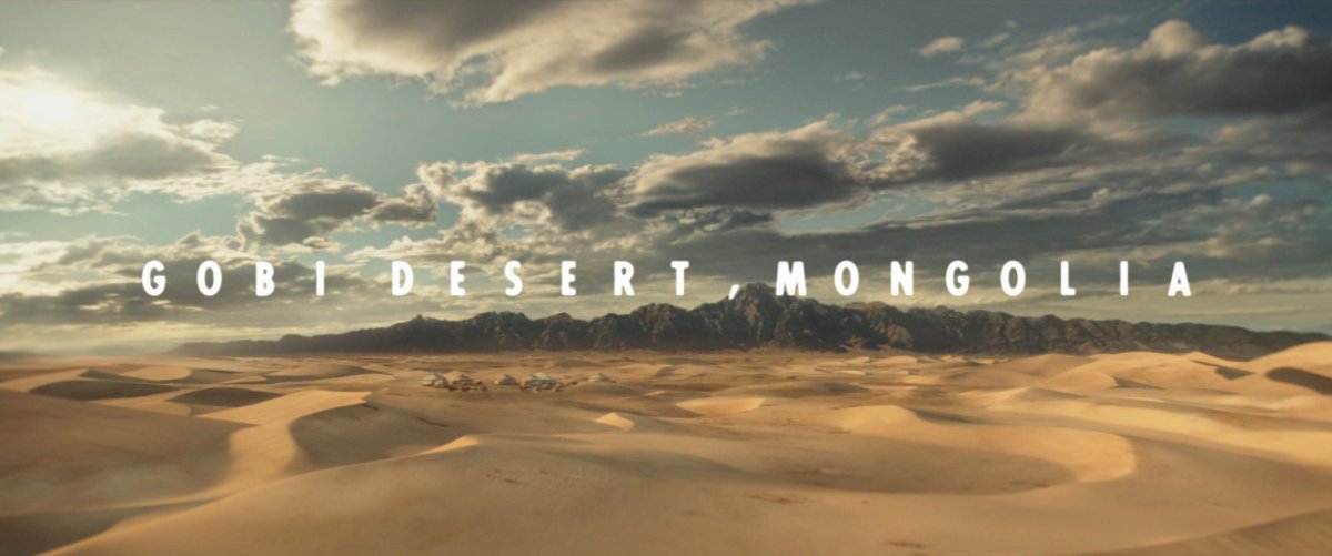 Wide shot Gobi Desert. Text: Gobi Desert, Mongolia.