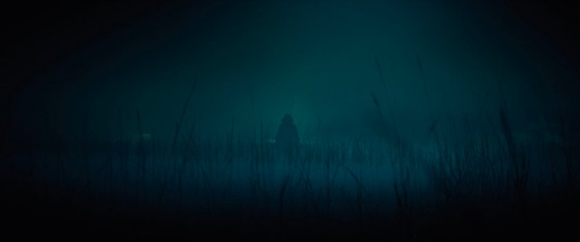 Silhouette in foggy Oklahoma field at night.