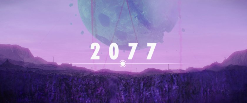 View of moon breaking up in alien atmosphere. Text: 2077.