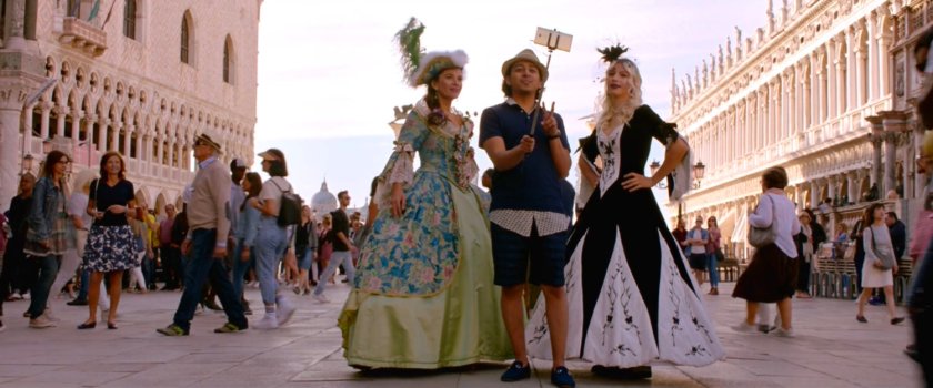 Flash Thompson taking selfie with two women in St Marks Square Venice