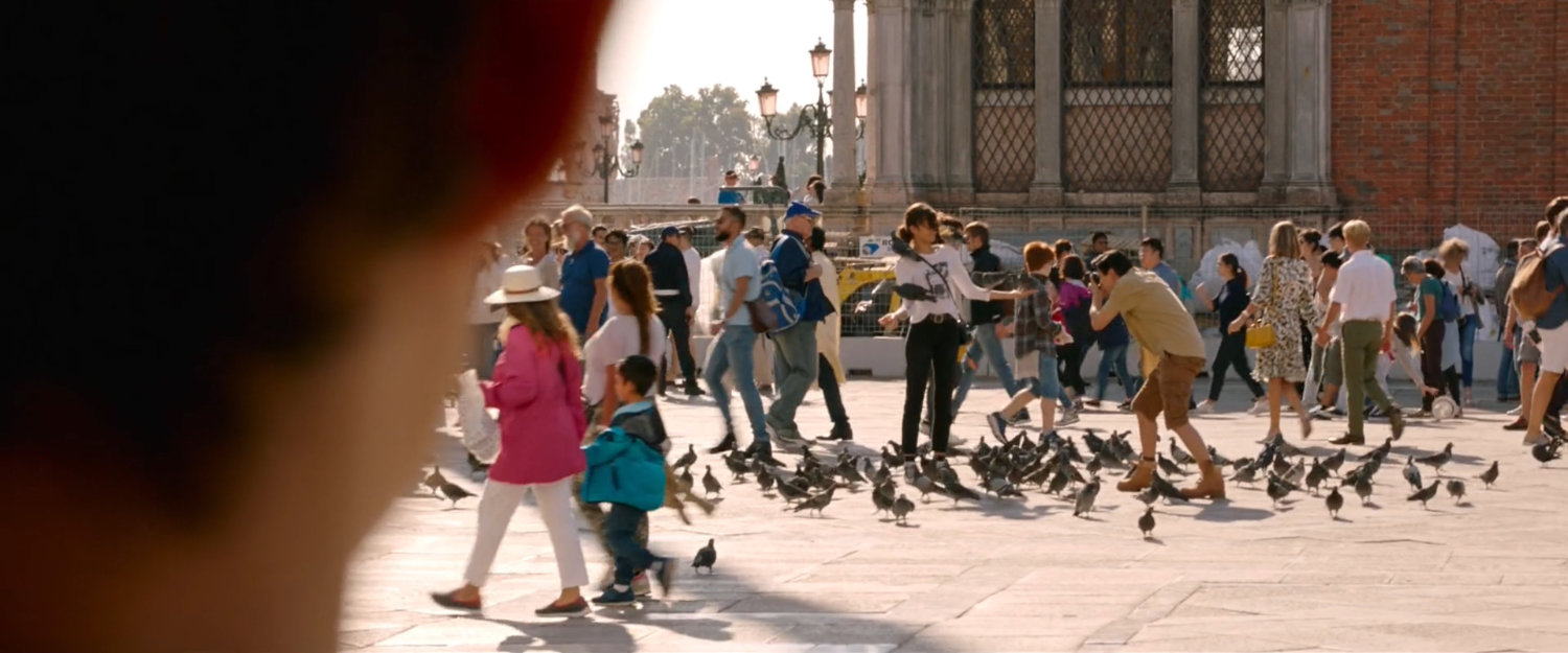 Michelle having photos taken with pigeons in St Marks Square Venice.