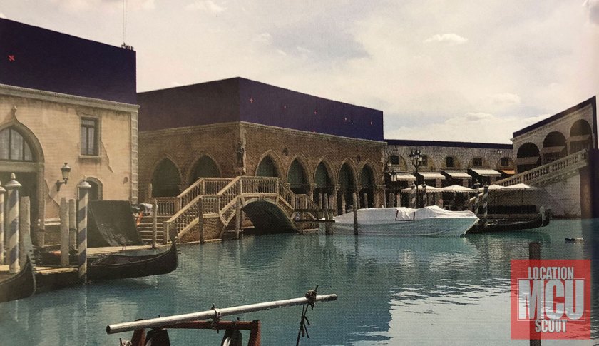 Behind the scenes photo of Rialto Bridge set at Leavesden Studios.