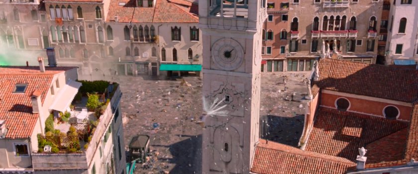 Aerial view of Spider-Man webbing a tower in Santa Maria Formosa Square.