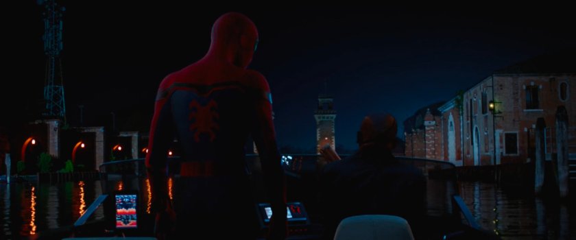 Spider-Man and Nick Fury on a water taxi approaching Arsenale di Venezia.