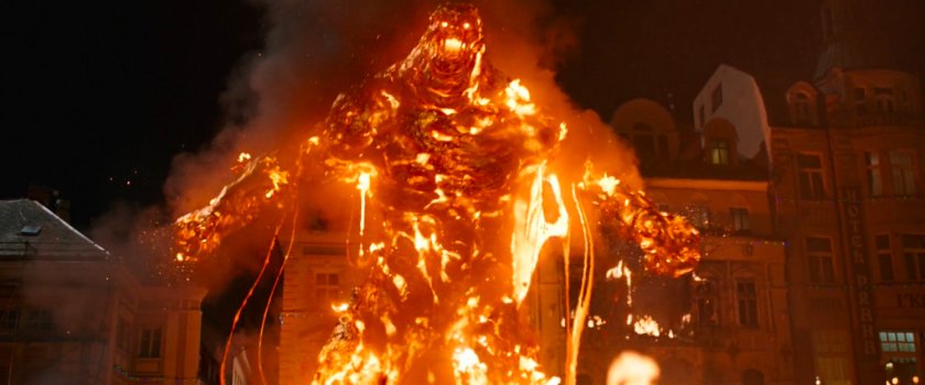 A fire elemental rampaging in a Prague square.