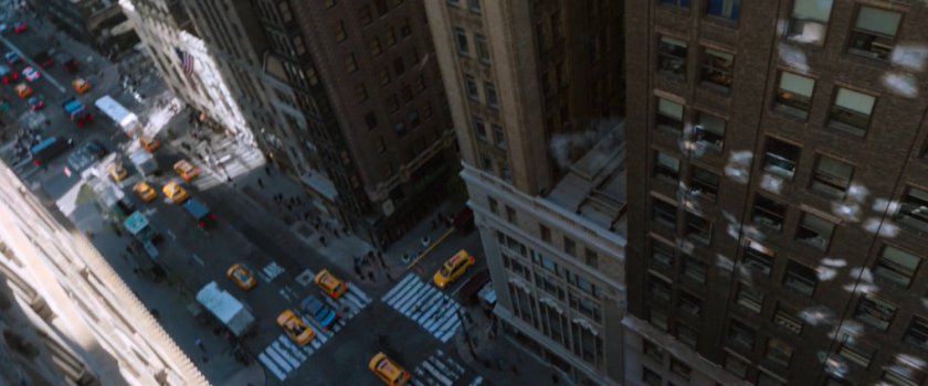 High angle view of street and buildings in New York City.