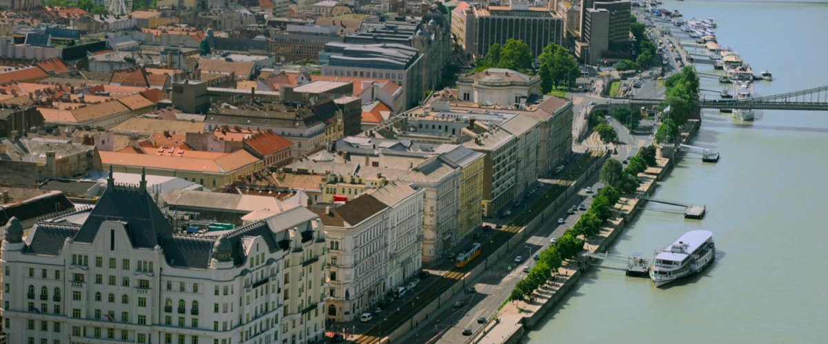 Aerial view of Budapest near the river.