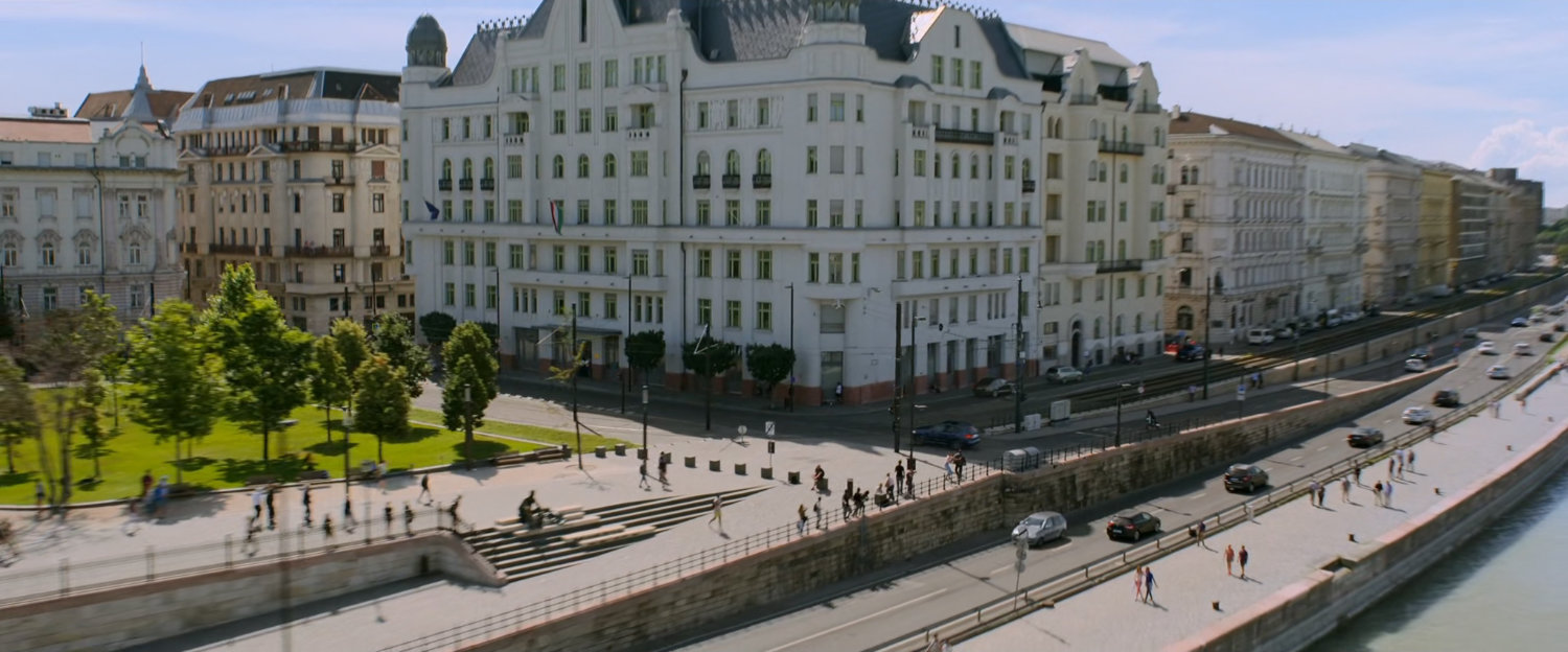Aerial view of Budapest building and corner near river.