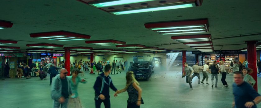 Civilians flee as a car slides into a Budapest subway.