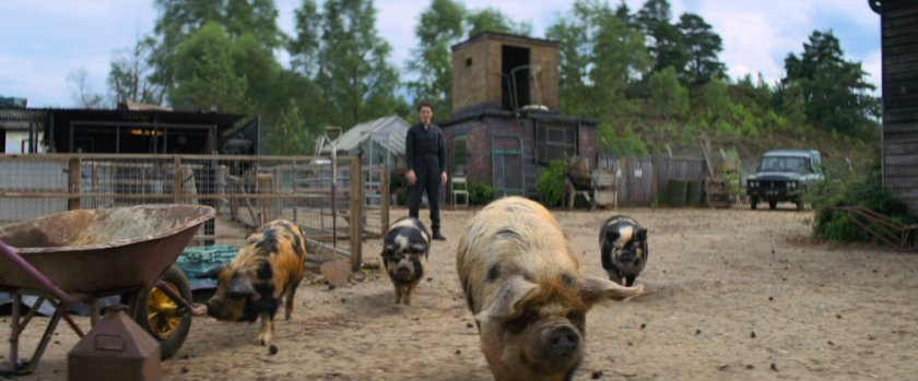 Melina in the pig sty outside her homestead.
