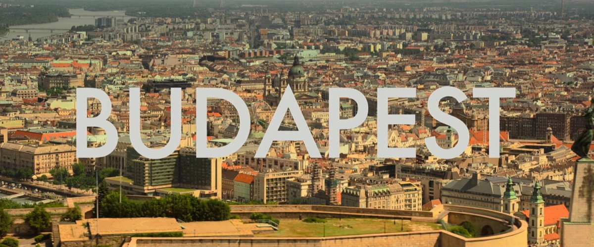 Aerial view of Budapest. Text: Budapest.